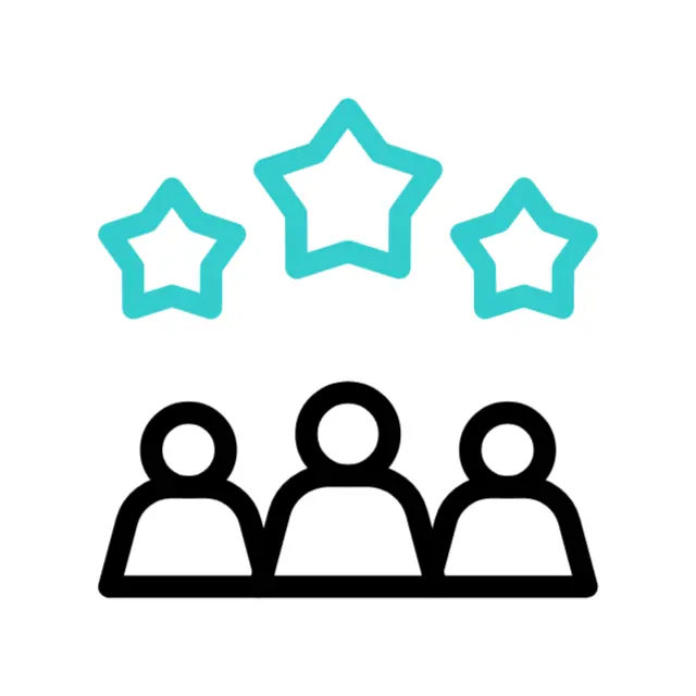 Ícone com três figuras humanas e estrelas de avaliação acima, representando a satisfação do cliente.