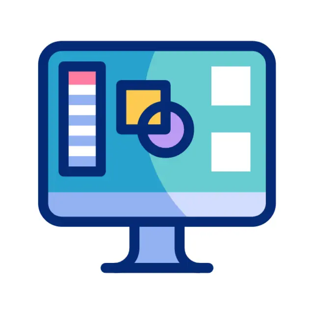 Ícone de um monitor exibindo um software de design gráfico com paleta de cores.