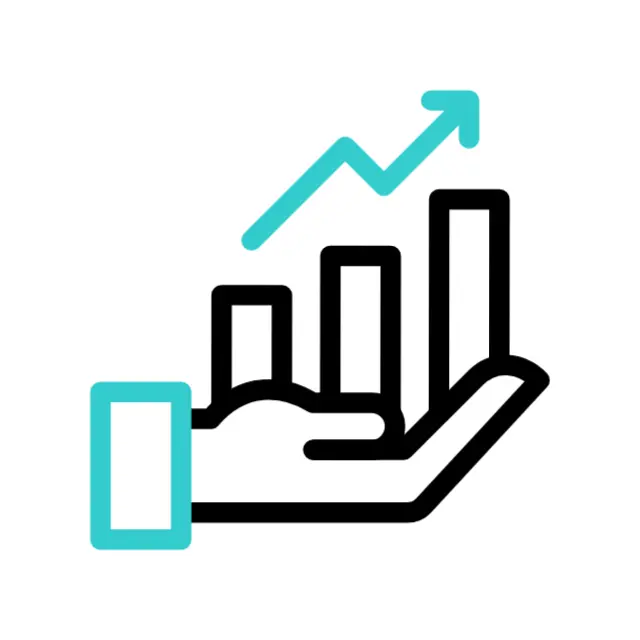 Ícone de uma mão segurando um gráfico de barras com uma seta ascendente, simbolizando crescimento.