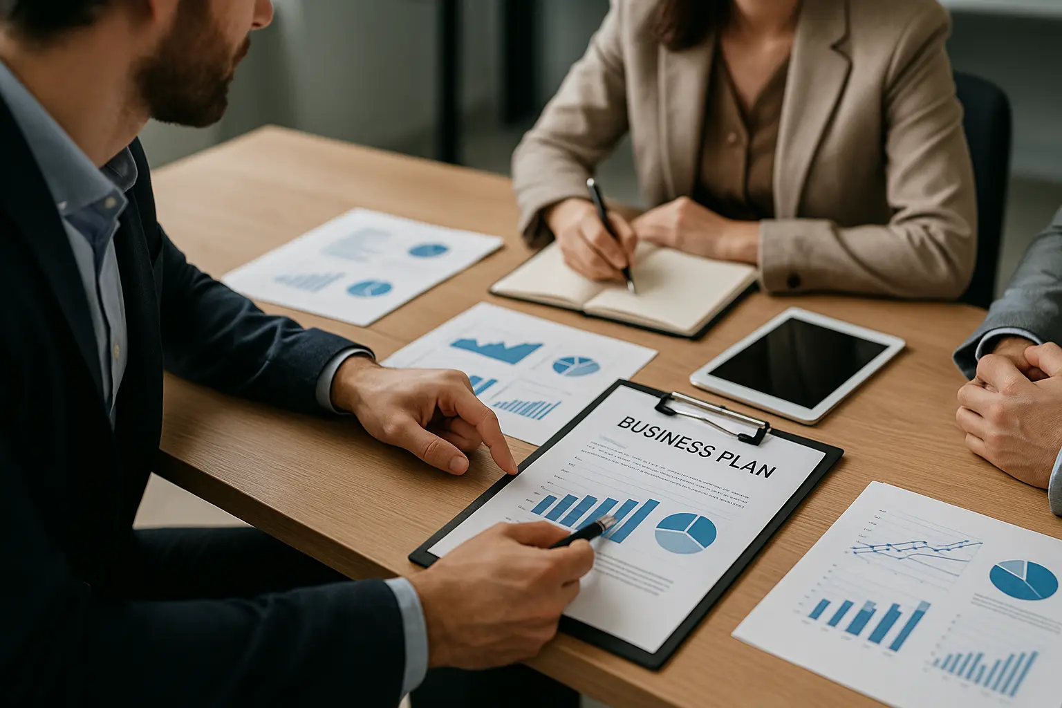 Pessoas em uma reunião de negócios analisando gráficos e dados em tablets e documentos sobre uma mesa.