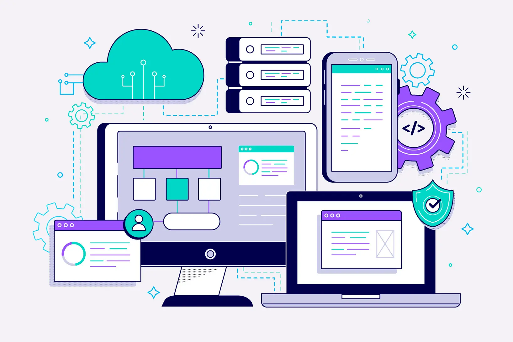 Ilustração representando um ecossistema de tecnologia com desktop, notebook e celular conectados à nuvem.