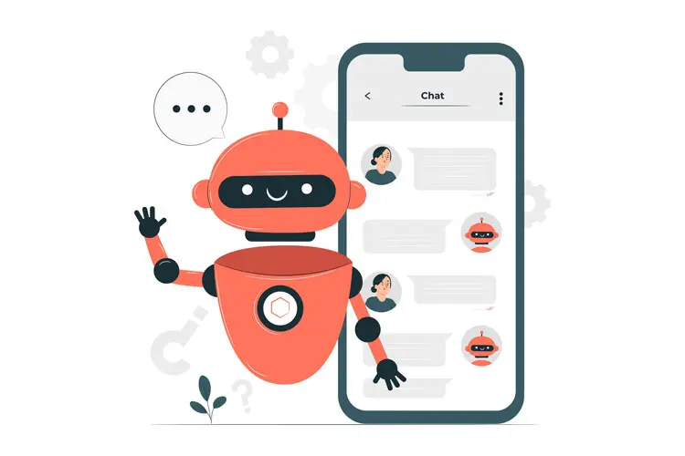 Ilustração de um robô 'chatbot' ao lado de um celular, representando o atendimento automatizado.