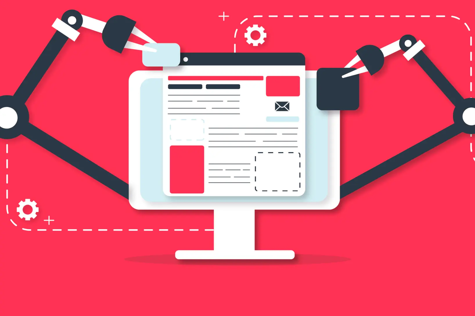 Ilustração de braços robóticos construindo um site em um monitor, simbolizando automação no desenvolvimento web.