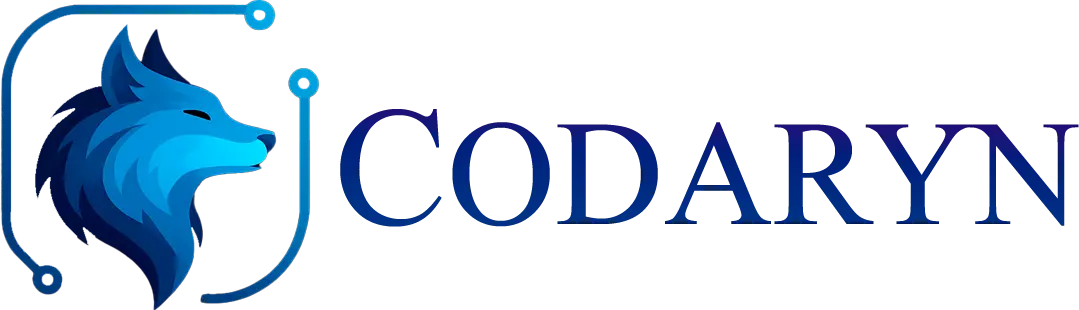 Logo Codaryn para dispositivos móveis,com o lobo com a moldura em volta e ao lado escrito  codaryn por extenso versão escura